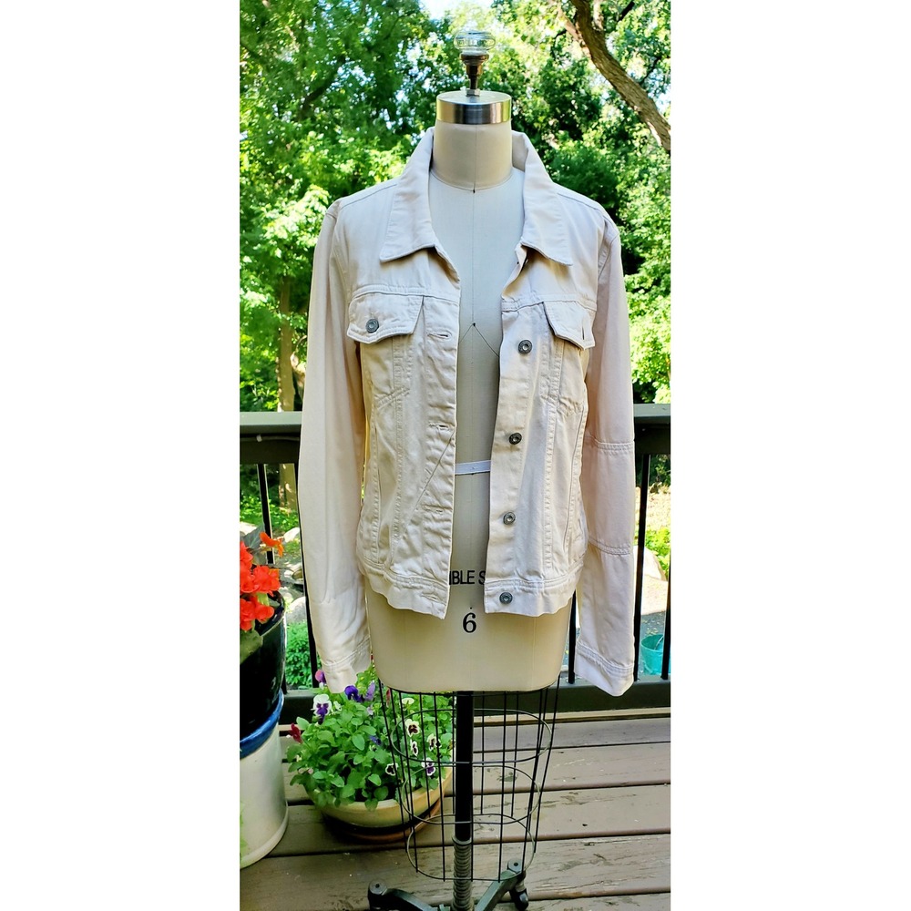 We The Free Free People Cream Denim Trucker Jacket Womens Large Off-White Boho